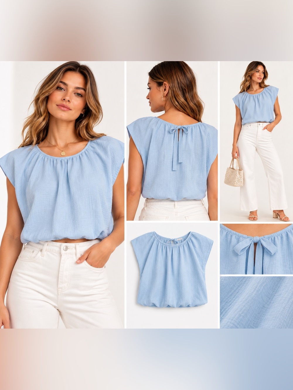 Flower & Feather Light Blue Tie Back Cropped Blouse Top Size S NWT